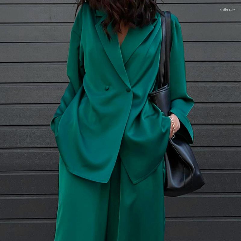 

Women' Two Piece Pants Office Satin Suits Women Green Notched Tops Silky 2 Pieces Sets Street Style Spring Elastic Waist Wide Leg Outfit