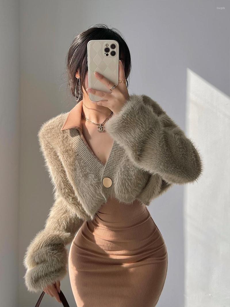

Women's Fur Sexy V-Neck Plush Coat Short Top Imitation Mink Hair Cardigan Women Fashion Casual Sweater Korean Elegant Faux Teddy, Khaki