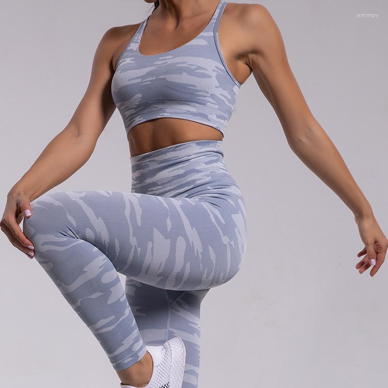 

Active Sets Camouflage Yoga Suit Women' Sports Bra Beautiful Back Sweat Absorbing Running Pants Set Fitness Clothing 2 Pc For Women, Cowboy blue