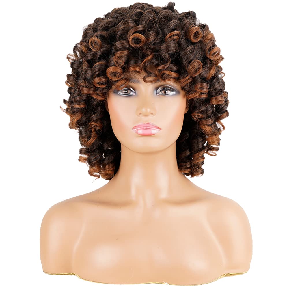 

Short Curly Wigs for Black Women Afro Kinky Curls Heat Resistant Natural Looking Synthetic hair wig with Bangs, Dark brown