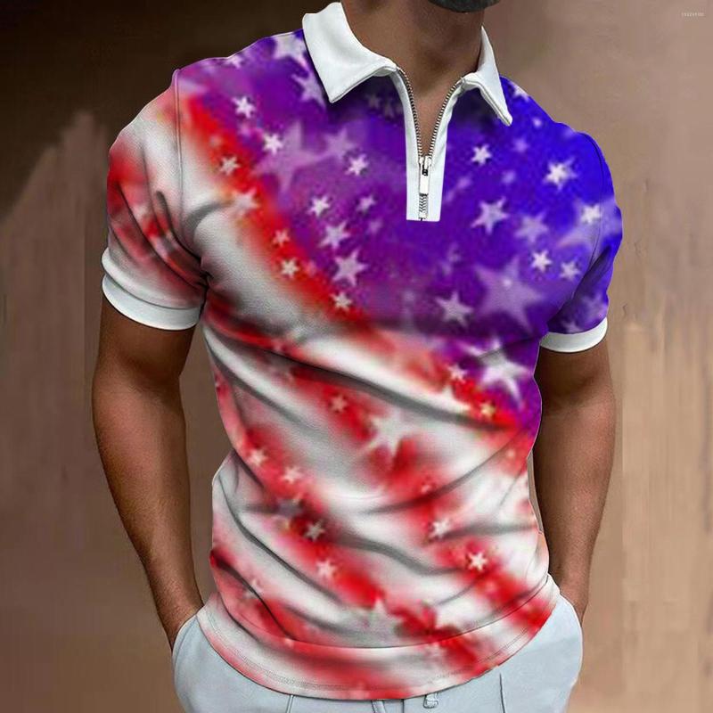 

Men' Polos Men Polo Shirts Casual Summer Pullover Print Short Sleeve Turn Down Collar Zipper Design Independence Day Slim Shirt