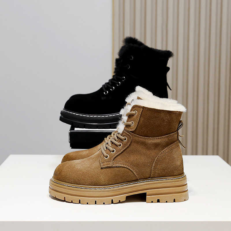 

Plush Martin boots autumn and winter new suede leather boots British style mid-tube thick-soled ladies short boots 221207, Black