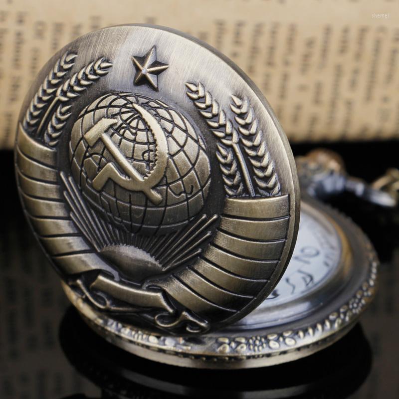 

Pocket Watches Fashion USSR Soviet Badges Vintage Sickle Hammer Bronze Pendant Watch Necklace Chain Clock Russia Emblem Communism