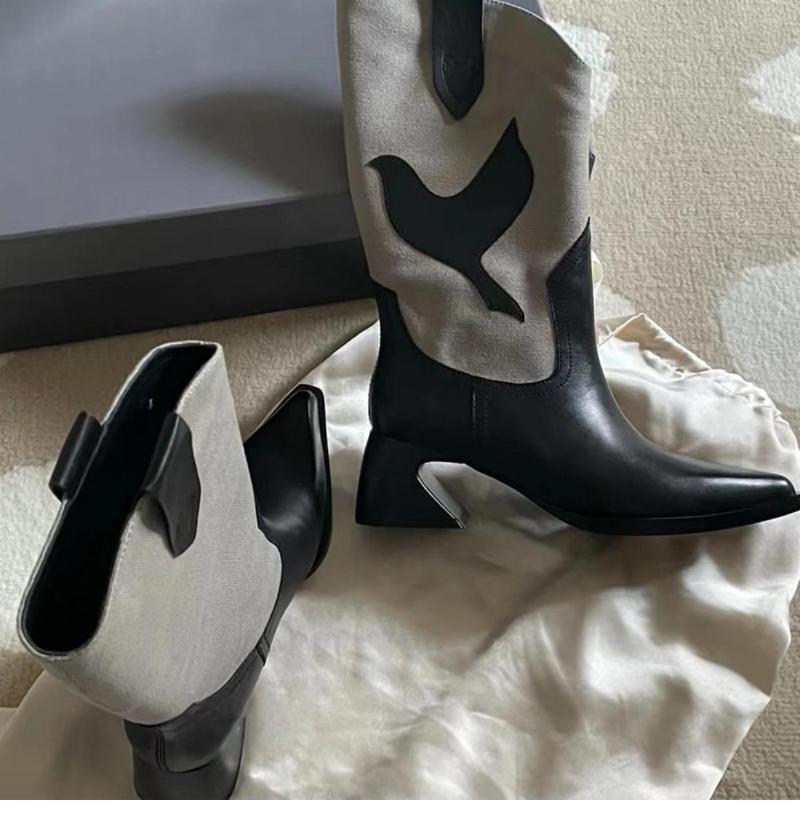 

Boots 2022 Autumn Women's Shoes Bird Decoration Sleeve Fashion Design Thick Heel Stitching Knight Brand, Black