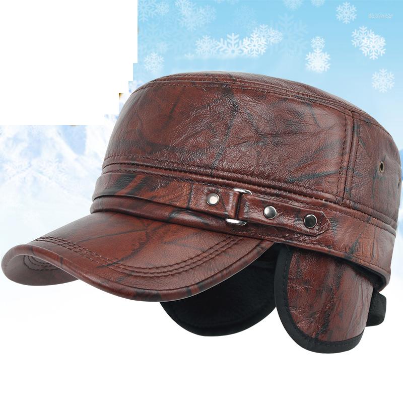 

Berets Kagenmo Real Leather Male Hat Ear Protection Top Flat Fashion Men's Cap Cowhide Thick Cotton Keep Warm High Quality