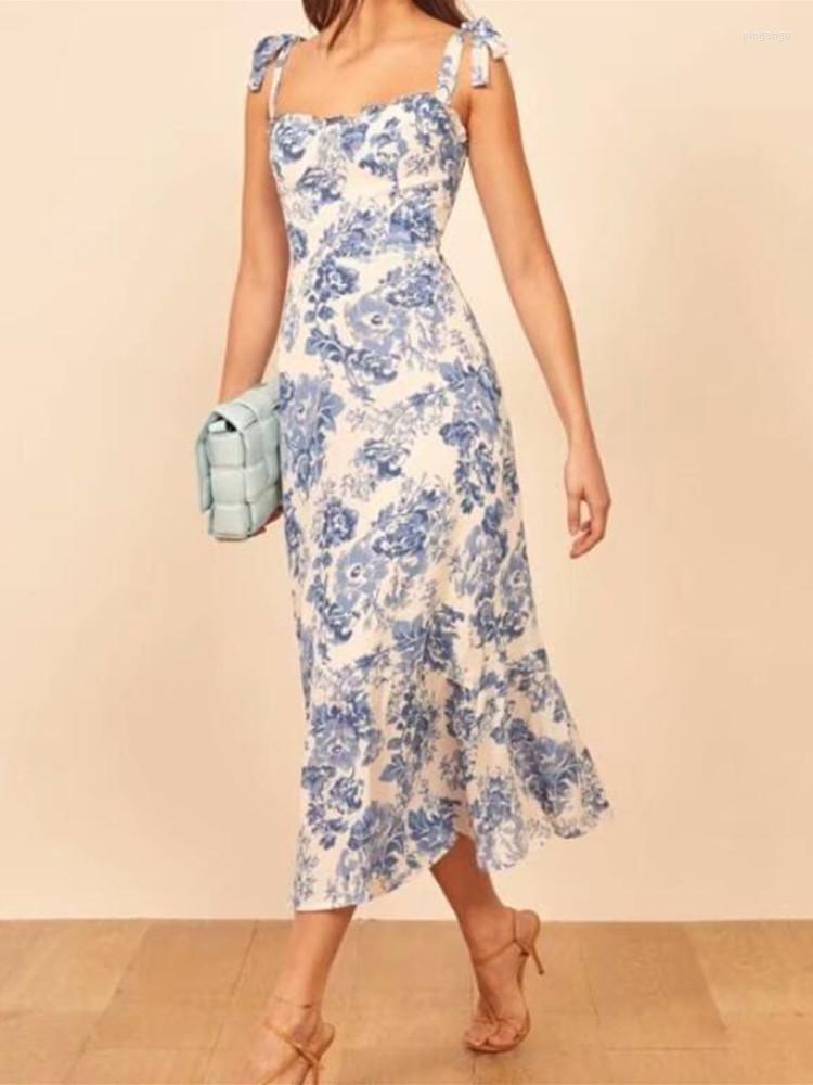 

Casual Dresses Vintage French Style Blue White Floral Women Dress Tie Bow Strap Sleeveless Sexy Beach Holiday Robe Vestidos, Picture shown