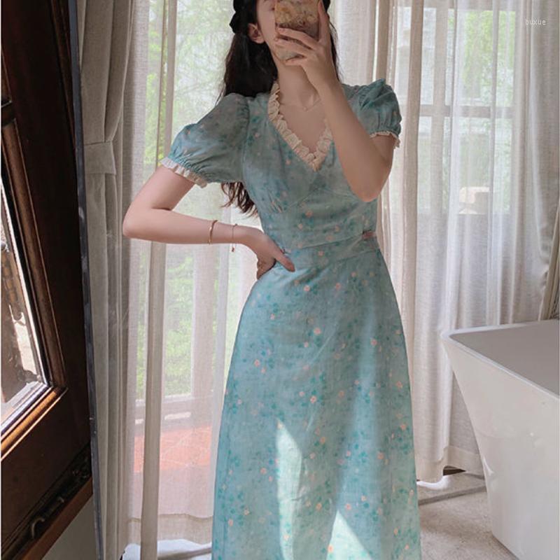 

Casual Dresses Summer Floral Vintage Dress Women Lace Patchwork Sweet Party Midi Female 2022 French Short Sleeve Slim Fairy Kawaii, Floral dress
