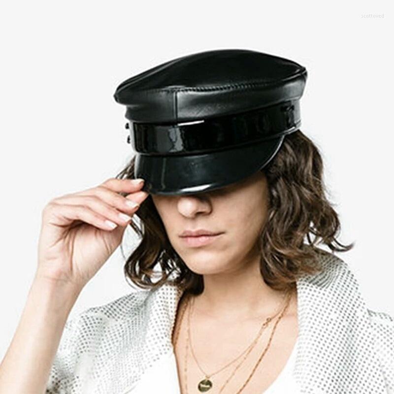 

Berets Women Genuine Captain Military Caps Fashion Sheepskin Real Leather Navy Sailor Hat, Black