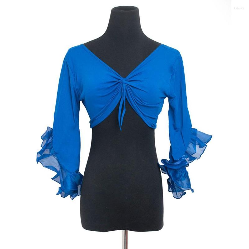 

Stage Wear Crop Top Lace Long Sleeve Short Dancing Sexy V Neck Belly Clothes Dance Women's Costume, Lake blue