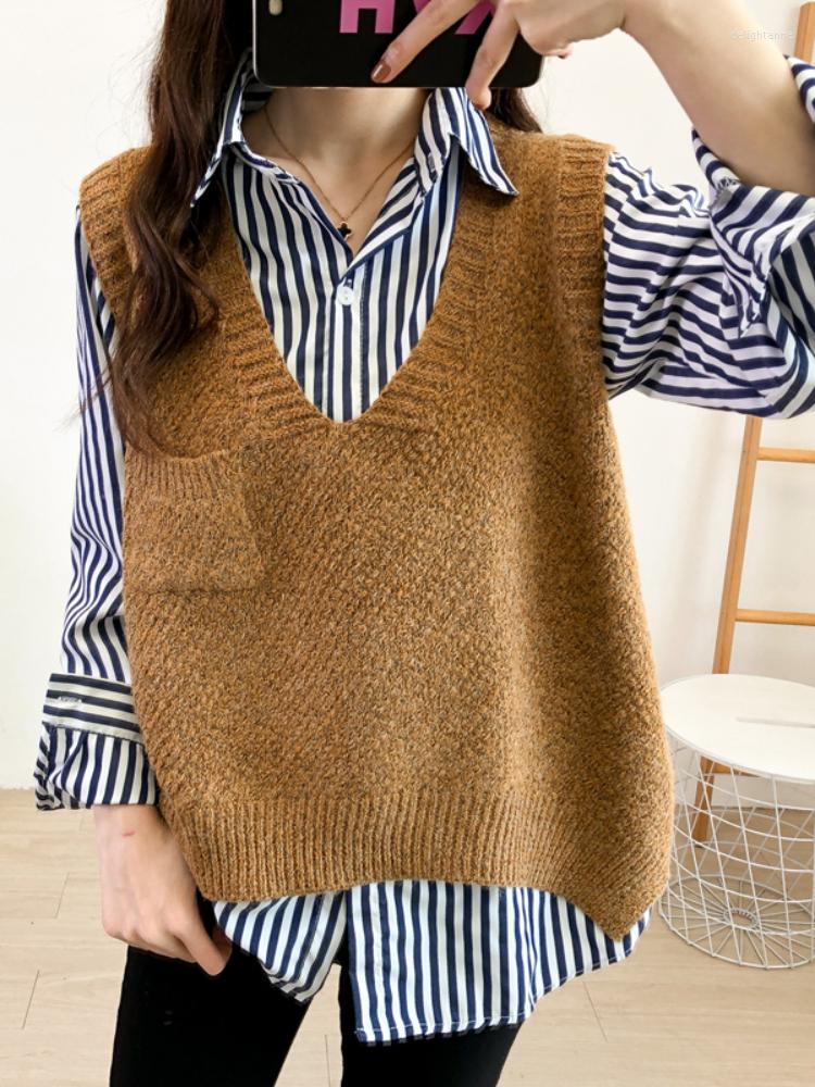 

Women's Vests Gagarich Solid Knitted Vest Female 2022 Autumn Deep V-neck Women Sleeveless All-match Casual Warm Loose Top, Khaki