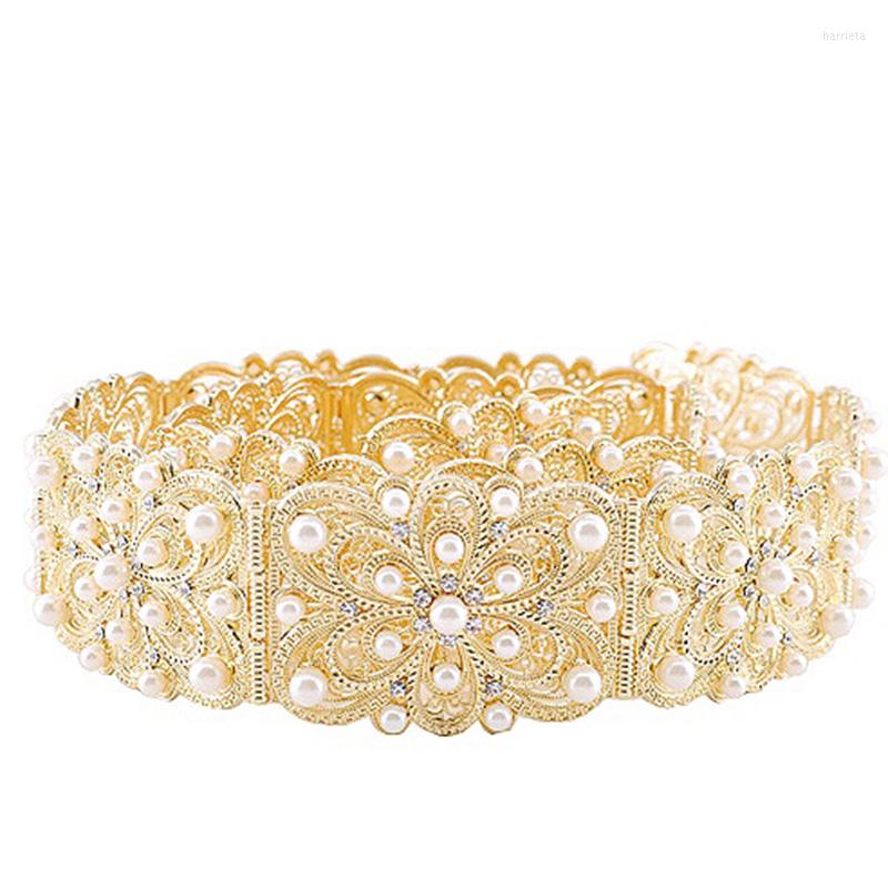 

Belts Fashion Women Wedding Waist Chain Metal Belt Pearl Crystal Hollow Bride Body Jewelry Belly, Gold