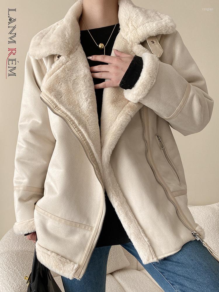 

Women's Fur LANMREM Double-faced Spliced Design Thicken Coat For Women Turtleneck Long Sleeve Zipper Casual Top 2022 Winter 2L2168, Beige