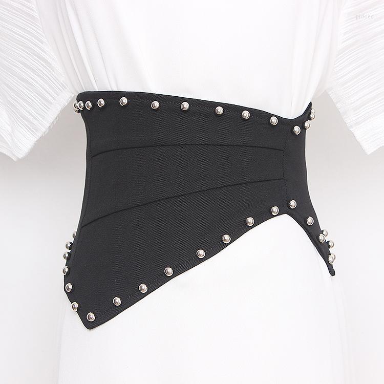 

Belts 2022 Black Elastic Denim Fabric Corset Irregular Zipper Wide Waist Women Waistband Caestus Ruched