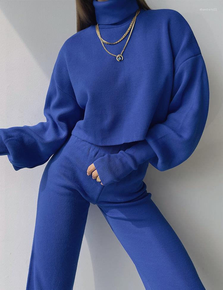 

Women' Two Piece Pants Autumn Winter Women Solid Turtleneck Knitted Sweater Set Short Sweaters High Waist Wide Leg Office Lady Tracksuit, Black