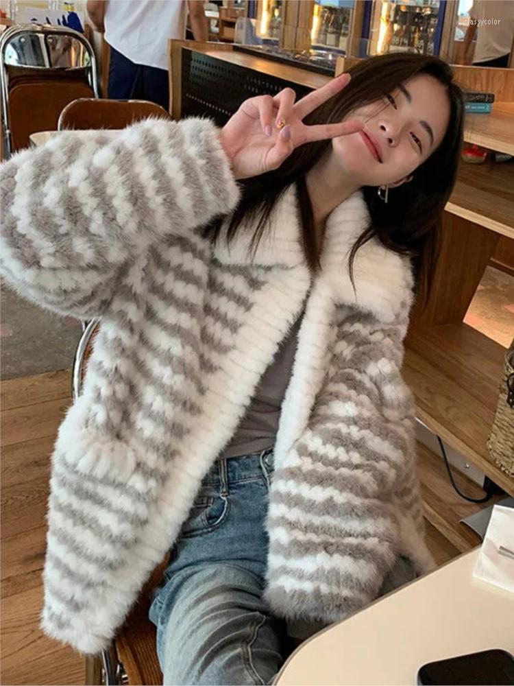 

Women' Fur M GIRLS Women Winter Fashion Faux Mink Coat Thick Warm Turndown Collar Jacket All-match Short Knitted Trendy Overcoat, O-neck