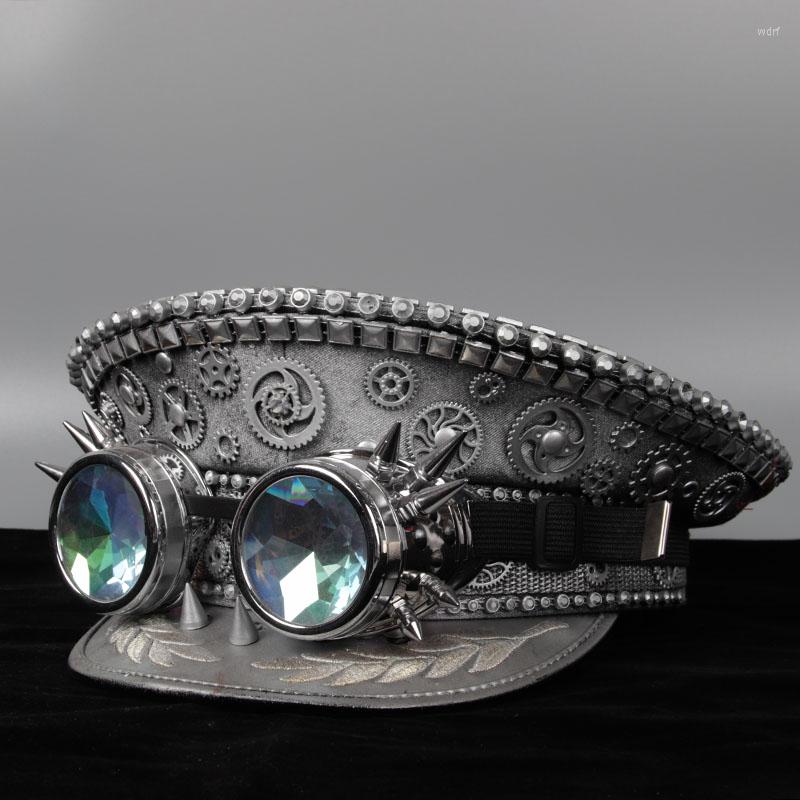 

Berets Women Men Military Hat With Steampunk Silver Stud Sergeant Performance Captain FestivalPart