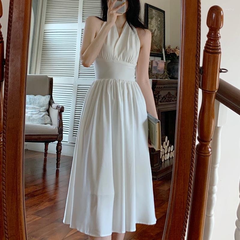

Casual Dresses White Elegant Halter Dress Women Sexy Backless Korean Party Midi Female Sleeveless V-neck Vintage For 2022, White dress