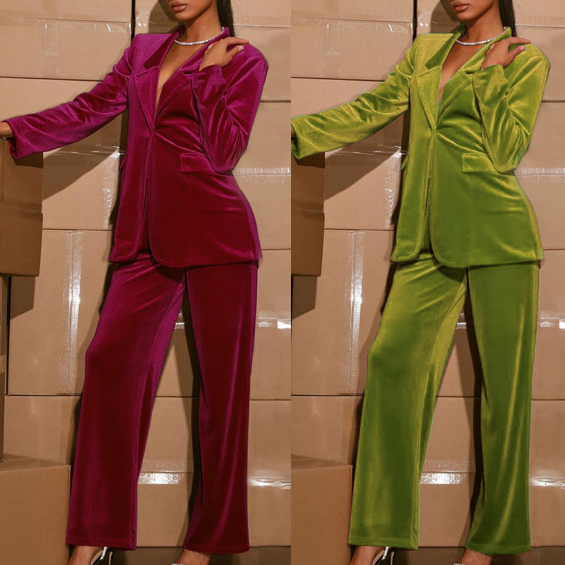 

Womens Two Piece Pants HOUZHOU Elegant Velvet Suit 2 Set Women Jumpsuit Female Green Red Autumn Winter Outfits Velour Formal Suits 221206