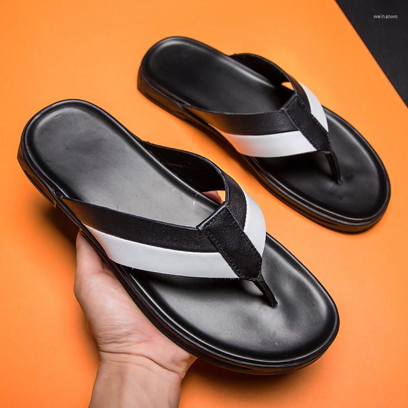 

Slippers Flip Men's Flops Fashion Beach Casual Genuine Leather Sandals Summer Shoes For Men Outside Pantuflas Hombre, Black white