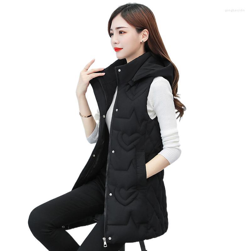 

Women's Vests FairyNatural Red Green Khaki Hooded Vest Coat Female Zipper Slim Down Cotton Outerwear Jackets Ladies Warm Sleeveless, Black