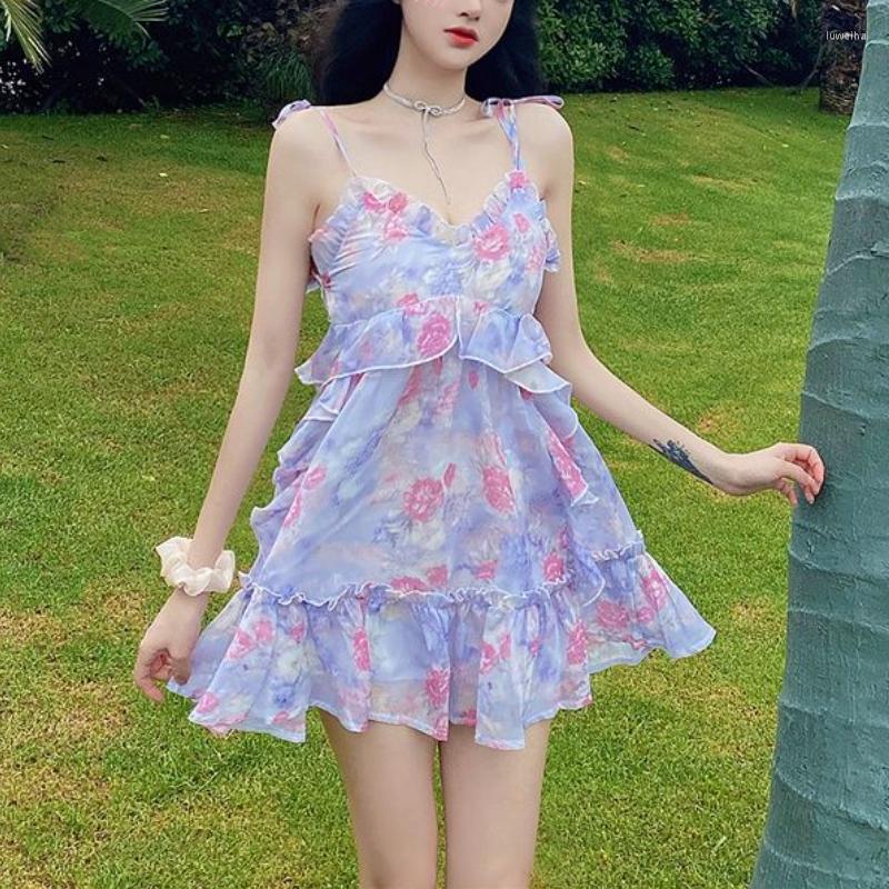 

Casual Dresses Spaghetti Strap Dress Women Ruffles Sexy Japanese Sweet Princess Female Beach Holiday Floral Mini Boho 2022 Summer, Picture shown