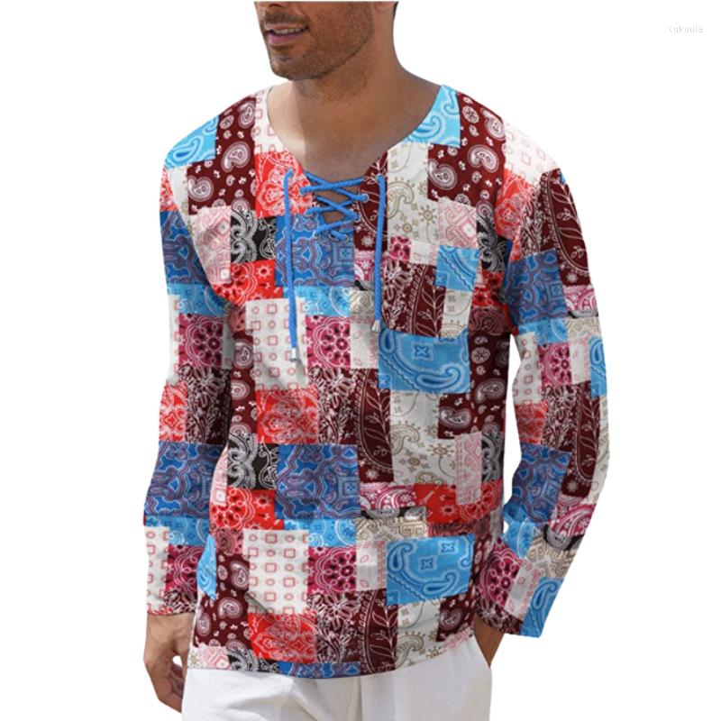 

Men's T Shirts Spring Summer Men T-Shirt Shirt Tops Fashion Long Sleeve Vintage Print Lace Up Square Collar Casual Loose Tees Blouse