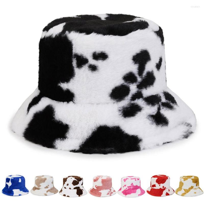 

Berets 2022 Winter Fashion Bucket Hat Women Cow Print Female Vintage Fisherman Cap Plush Warm Beanie Outdoor Casual Basin Gorras, Black