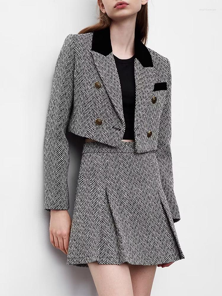 

Two Piece Dress Winter 2022 Women' Sets Fashion Grey Herringbone Short Long Sleeve Blazer High Waist Mini A-Line Skirts Suit, Grey skirt-2334