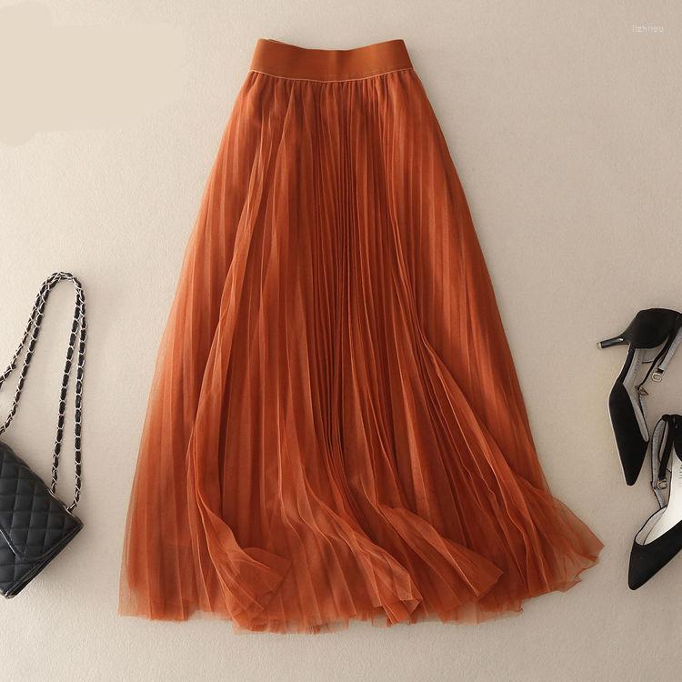 

Skirts Pleated Mesh Skirt A- Line 3 Layers Large Swing Size Long Four Seasons For Women Woman Faldas Jupe, Yellow