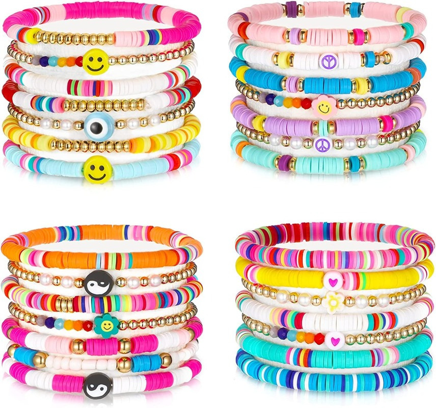 

Charm Bracelets 28 Pcs 4 Set Colorful Preppy Happy Smile Beaded Stretch Clay Stackable Boho Disc 221206