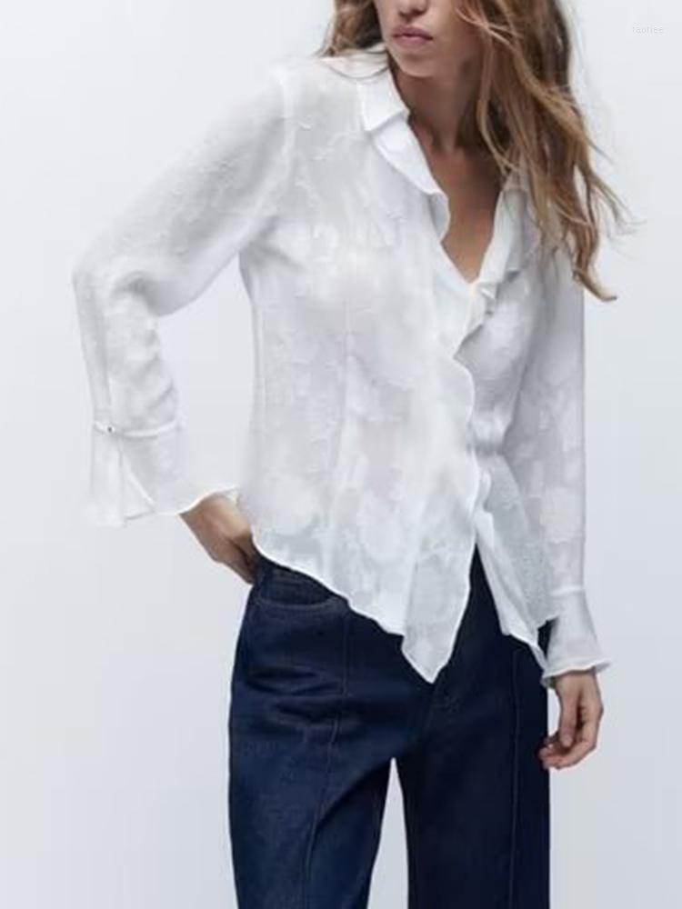 

Women's Blouses Women Solid Laminate Decoration Jacquard Shirt 2022 Long Sleeve Slim Female Sweet Tops Chemise Femme XX8954, White