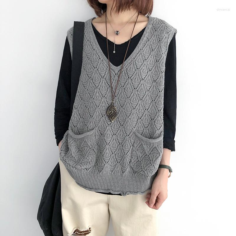 

Women's Vests Women's Knitted Waistcoat Vest 2022 Spring Autumn V-Neck Hollow Sleeveless Sweater Jackets Ladies Fashion Pullover, Black
