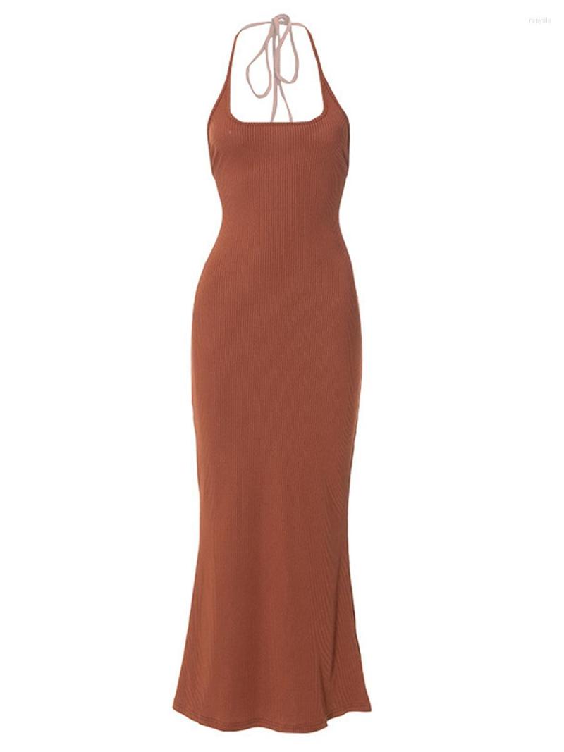 

Casual Dresses Women Sleeveless Bodycon Dress Solid Color Tie-Up Halter Neck Backless Summer Long Club Party, Brown