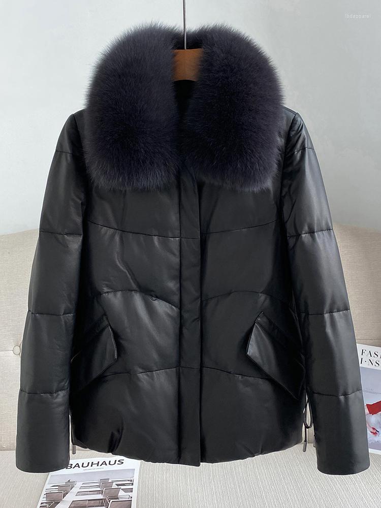 

Women's Leather Coat Genuine Down Jacket Women 2022 Winter Casual Loose Fur Collar Sheepskin Real Clothes -6XL, Brown fur collar