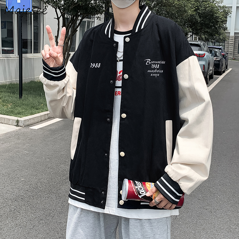 

Mens Jackets Men Jacket Coat Single Breasted Handsome Preppy Style Student BF Patchwork Baseball Outwear Allmatch Stand Collar Tops Oversize 221206, Gray