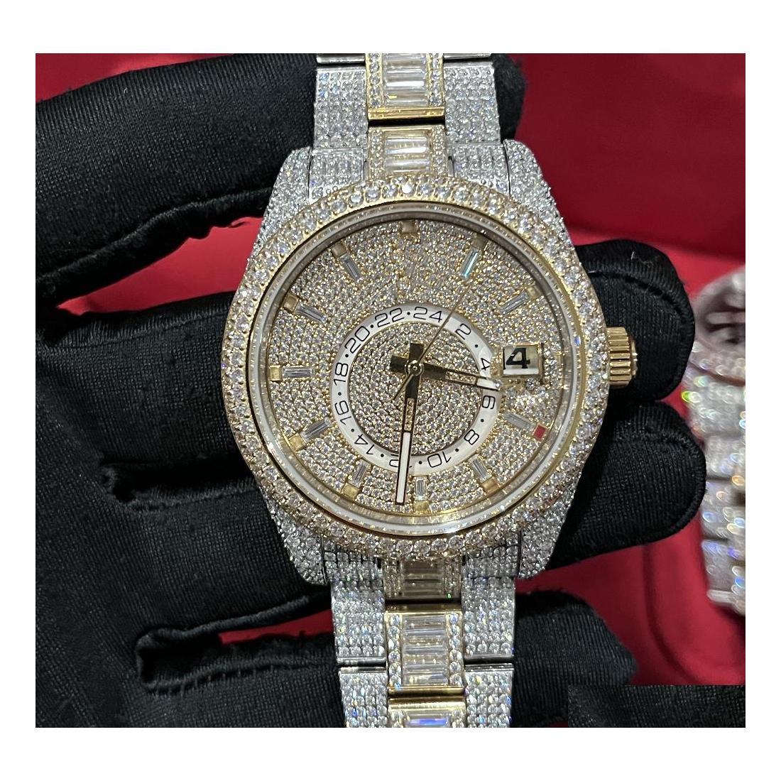 

Wristwatches Diamond Watch High Quality Iced Out Fl Functional Work Matic Movement 42Mm Sier Two Stones Waterproof 904 Stainless Fra Dhkp3, Without box