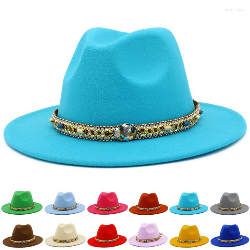 

Berets Fedora Hat Panama Wide Brim Fashion Belt Blower Adult Jazz Hats Felt Fedoras Cap Trilby Women Caps, Brown