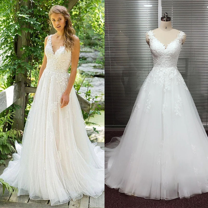

Vestido De Noiva A-Line V Neck Wedding Dress Appliques Backless Bridal Gowns Custom Made Real Image, Ivory