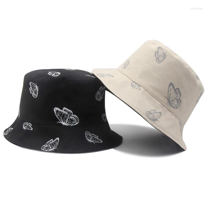 

Wide Brim Hats Butterfly Print Women Bucket Hat Summer Outdoor Panama Sun Double-sided Wear Foldable Fisherman Cap