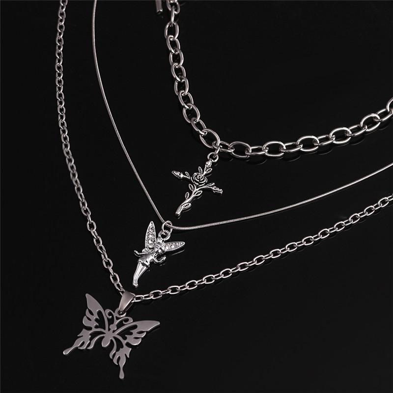 

Choker Chokers 3pcs/set Butterfly Rose Angel Cross Pendant Necklace Multilayer Women Long Chain Necklaces Harajuku Punk Jewelry