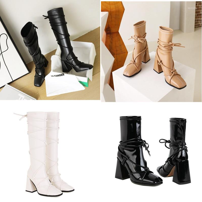

Boots Autumn And Winter Women's Knee-length Elastic Fashion Solid Color Thick Heel Square Toe High-heeled Lace-up Ankle, As photo