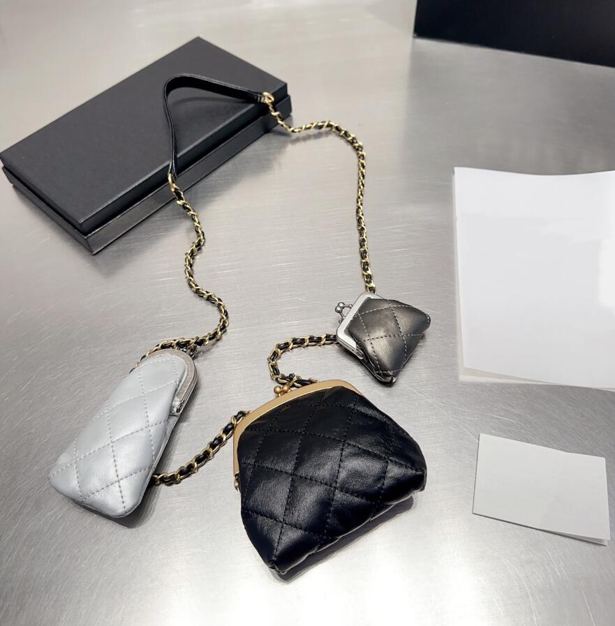 

New Style Designer Coin Purses Womens 3pc Mini Chain Shoulder Bags Leisure Buckle Latch Wallet Rhombus Leather Fashion Women Cross Body Wallets Change Purse, Black