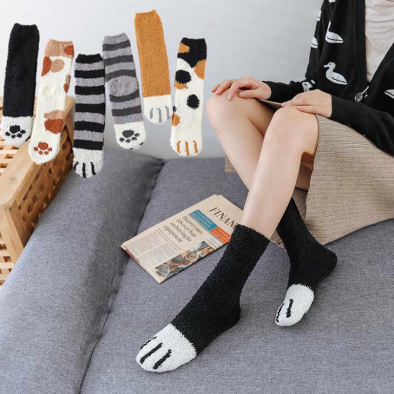 

Fashion Womens Cats Paw Stripe 3d Socks Kawaii Fun Thick Girls Cartoon Animal Fingers Sock, Black stripes