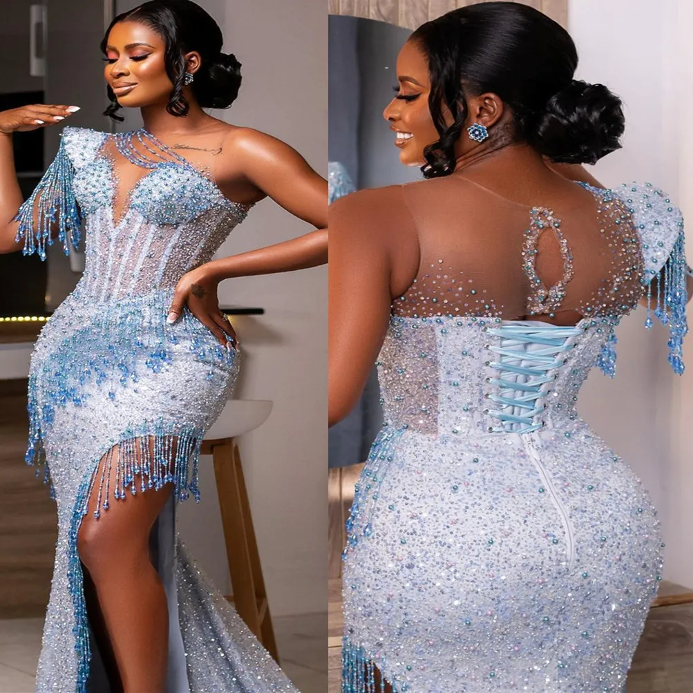 

2023 Designer Mermaid Evening Dresses Sleeveless Tassle Beaded Crystals Jewel Neck Side Slit Floor Length Plus Size Pleats Prom Gown Formal Custom vestidos, Purple