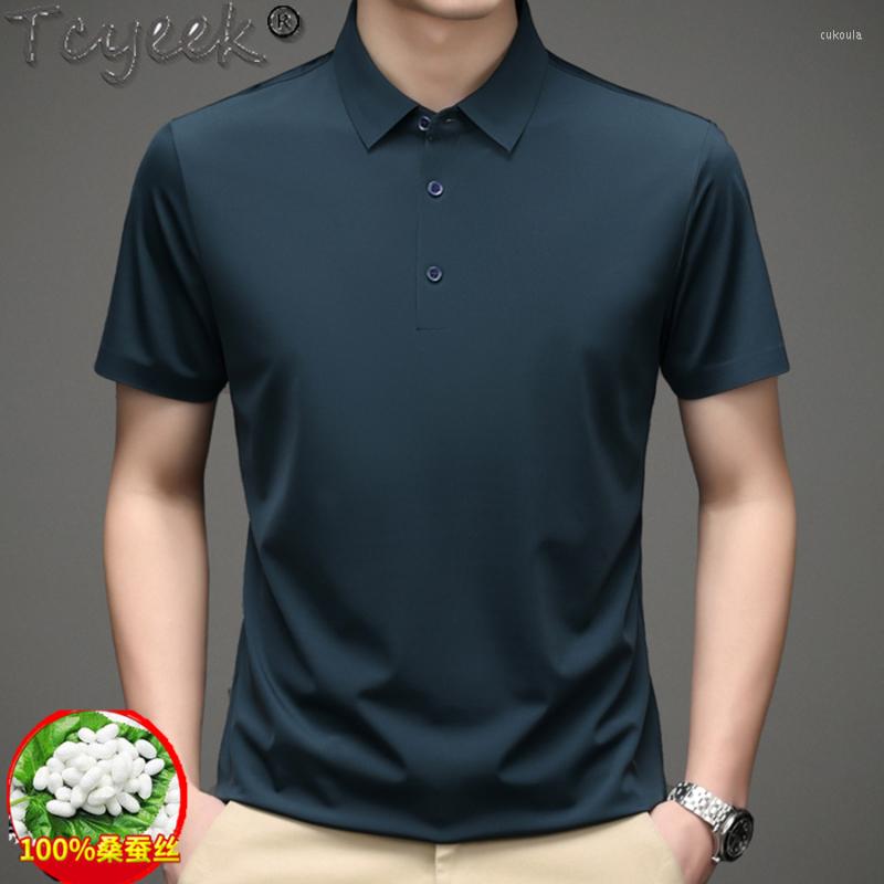 

Men's T Shirts Mulberry Silk Shirt Men 2022 Summer Men's Polo Short Sleeve Tops Loose Casual Ice High-end Clothes, Sku3 ha qing 8655