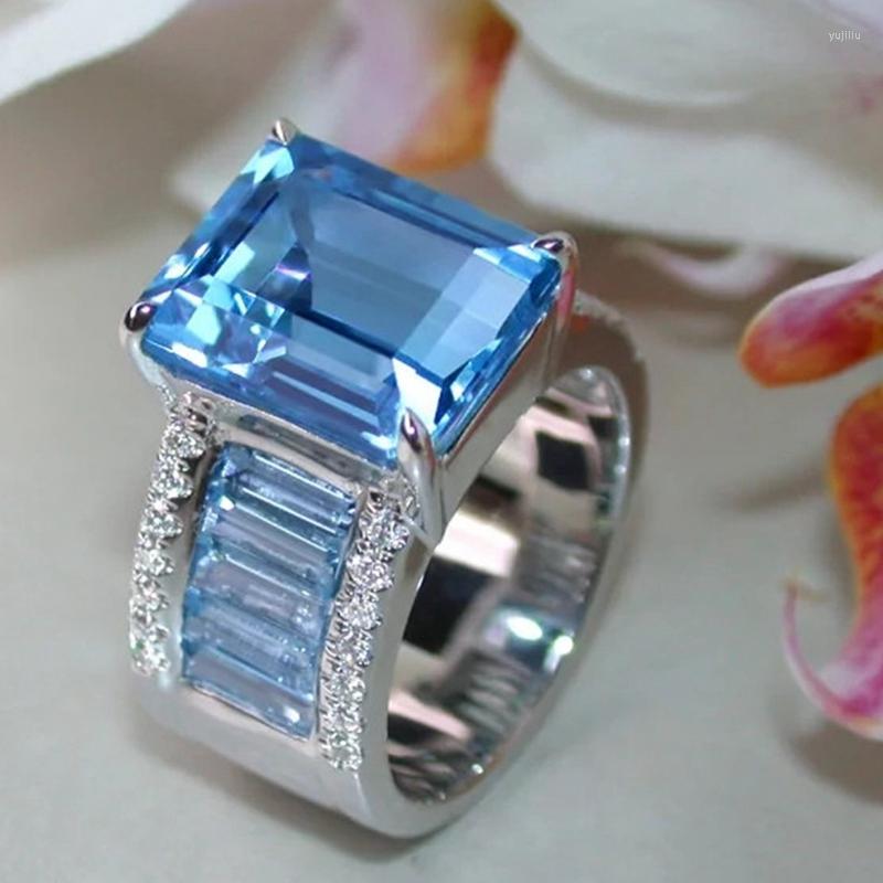 

Wedding Rings Luxury Shiny Blue Square Zircon Opening Ring Geometric Crystal Stone For Women Jewelry Fashion Bridal