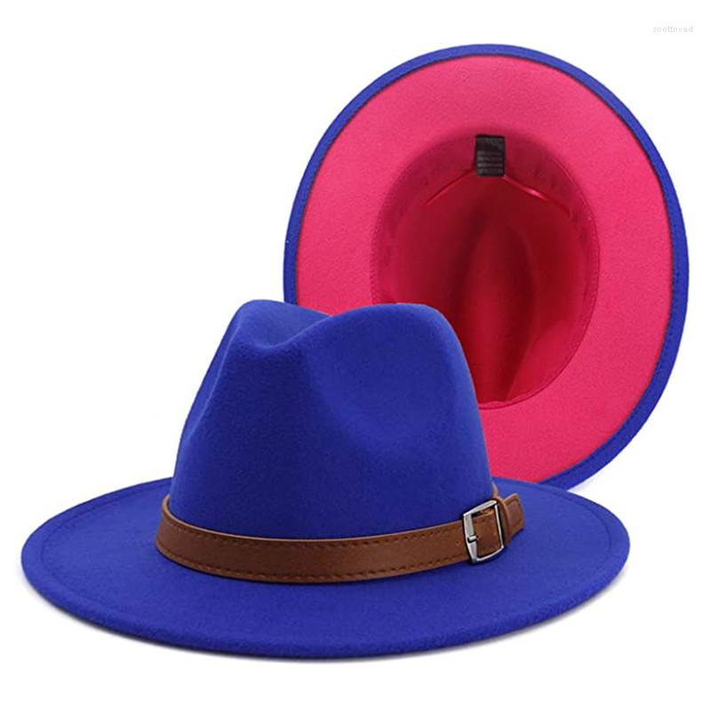 

Berets Winter Wide Brim Fedora Hats For Women Blue Red Classic Two Tone Felt Men Fashion Cowboy Jazz Hat Brown Belt, 04