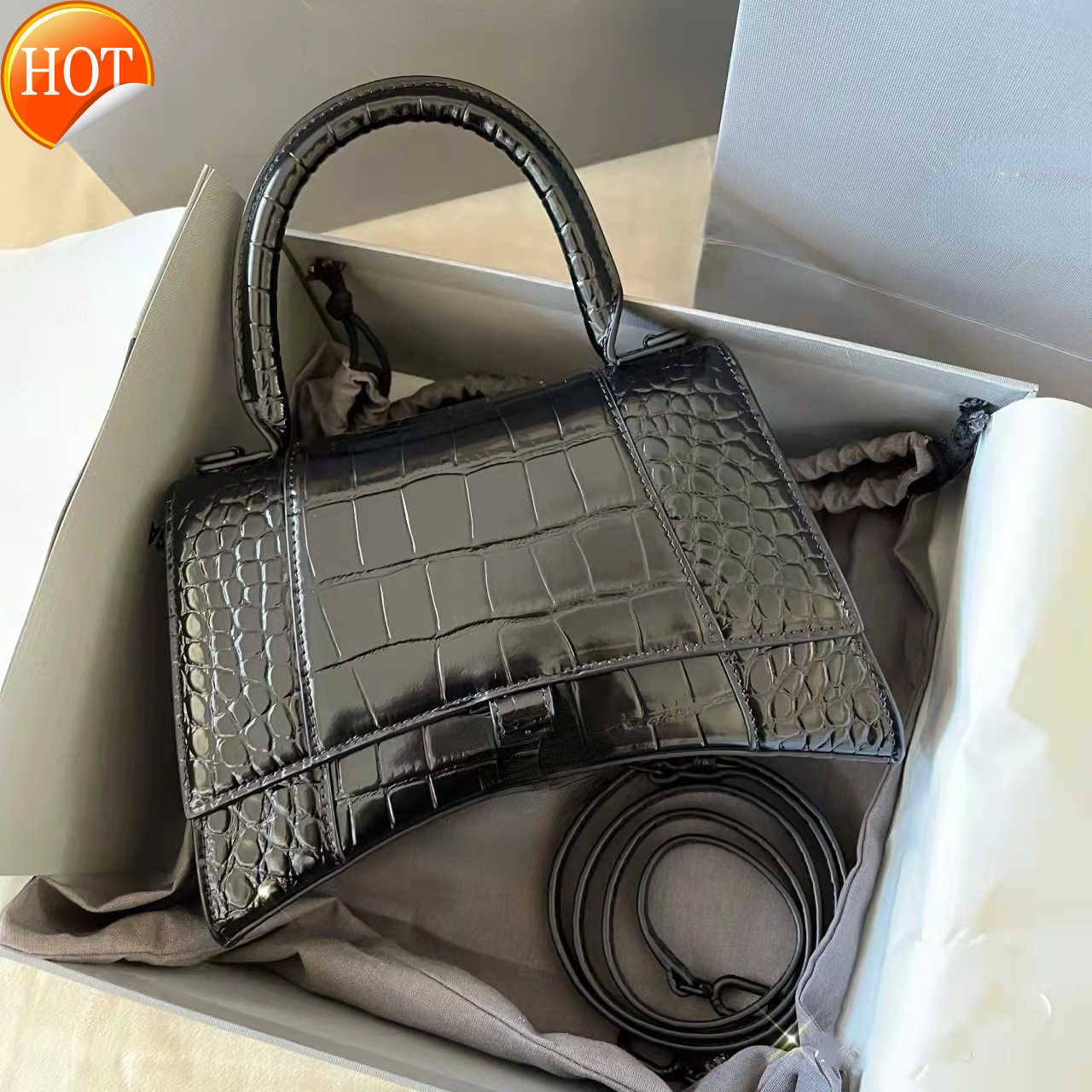 

Women's luxury designers handbags 2023 new fashion Courier All-in-one hourglass shoulder bag texture leather Tote bags factory direct sales, Black small + silk scarf