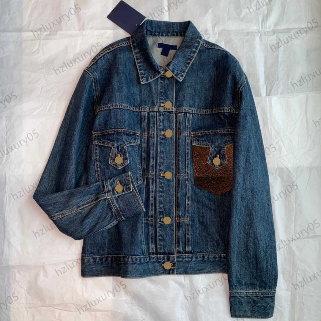 

Womens Jackets Pure Cotton Women Denim Woman Chest Leather Printed Pocket Metal Button Trim Jean Jacket Lapels Long Sleeves Joker Coats Women Apparel