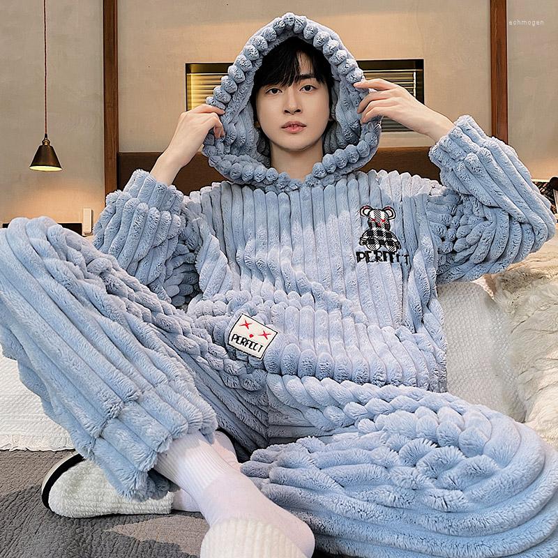 

Men's Sleepwear QUHENG Coral Fleece Pajamas Set Men Autumn Winter Pyjamas Suits Long Sleeve Homewear Thicken Warm Male Pijamas Home Clothing